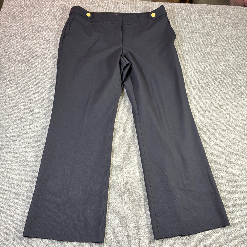 LOFT‎ Marisa Trouser Womens 12 Navy Blue Gold Button Straight Leg Pants Raw Hem